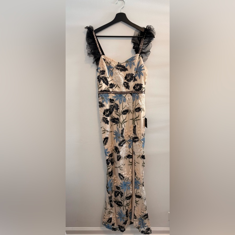 Lulu's Elegant Cream, Black, and Blue Embroidered Formal Dress
